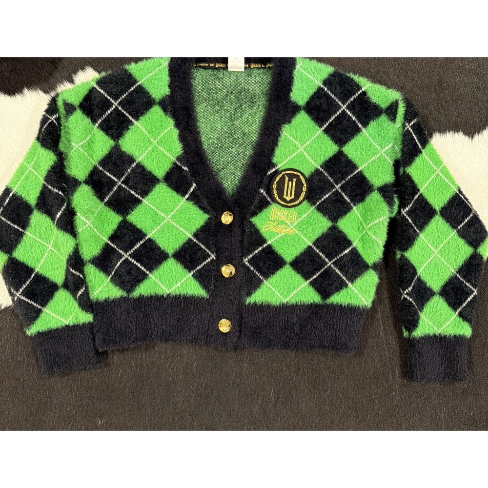 Wicked Justice Girl Sweater S 7 8 Cardigan Plaid Button Fuzzy Acrylic Embroidery